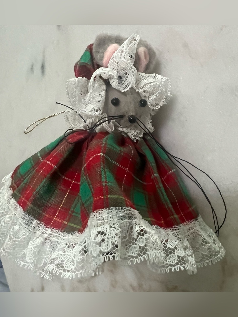 Vintage Cloth Christmas Mouse Plaid Dress & Hat Holiday Decor Ornament